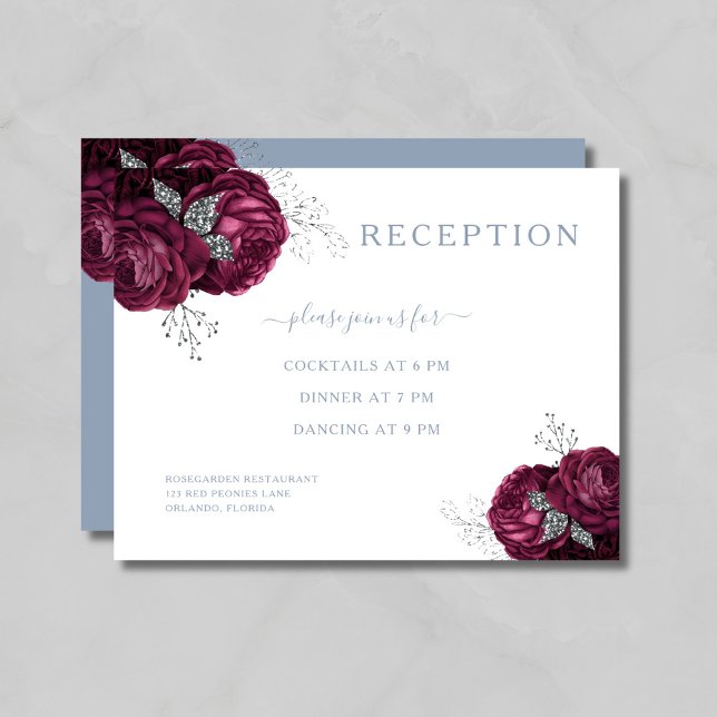 Floral Dusty Blue Burgundy Wedding Reception Enclosure Card (Floral Dusty Blue Burgundy Wedding Reception Enclosure Card)