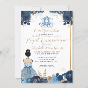 Floral Dusty Blue Cinderella Royal Quinceanera Invitation