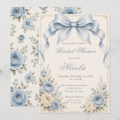 Floral Dusty Blue Coquette Bow Bridal Shower Invitation