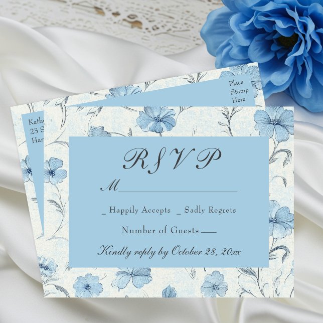 Floral Dusty Blue Country Garden Wedding RSVP Invitation Postcard (Creator Uploaded)