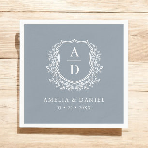 Floral Dusty Blue Crest Wedding Monogram Napkins