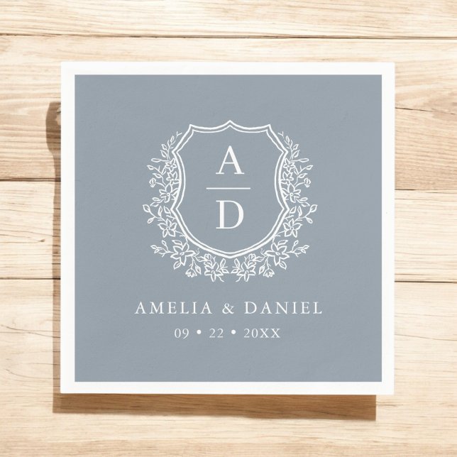 Floral Dusty Blue Crest Wedding Monogram Napkins (Creator Uploaded)