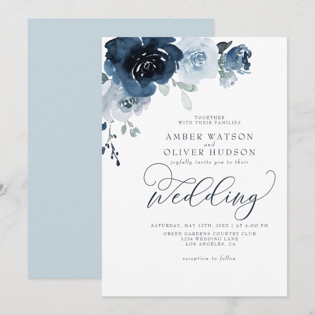 Floral Dusty Blue Dark Navy Blue Boho Wedding Invitation (Front/Back)