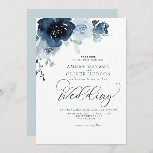 Floral Dusty Blue Dark Navy Blue Boho Wedding Invitation
