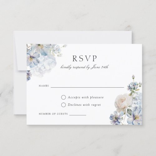 Floral Dusty Blue Elegant Blush Roses Wedding RSVP Invitation