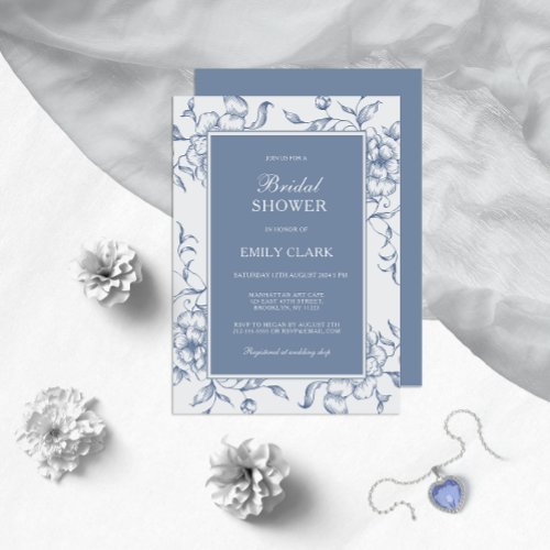 Floral Dusty Blue Elegant Bridal Shower Invitation