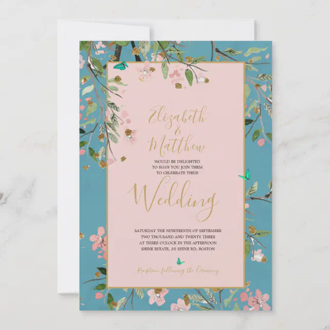 Floral Dusty Blue Elegant Gold Floral Wedding Invitation | Zazzle