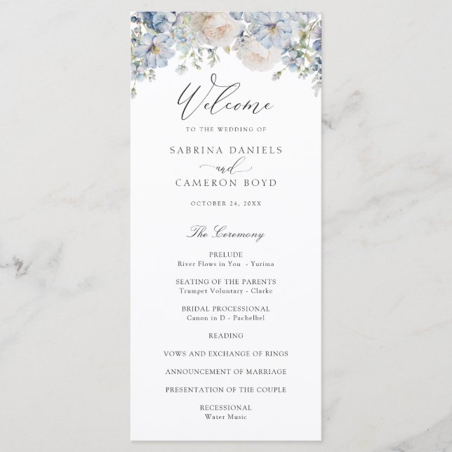 Floral Dusty Blue Elegant Roses Wedding Program (Front)