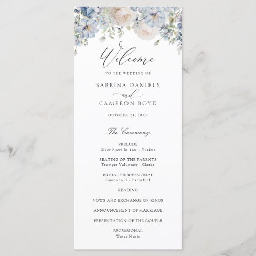 Floral Dusty Blue Elegant Roses Wedding Program