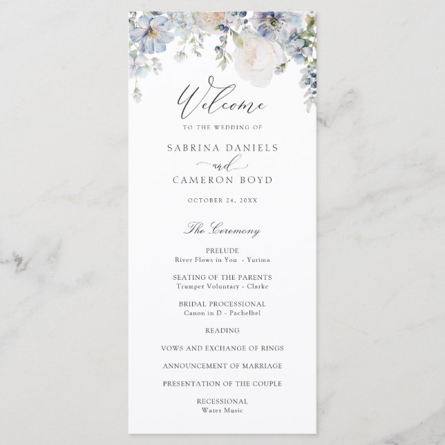 Floral Dusty Blue Elegant Roses Wedding Program (Front)