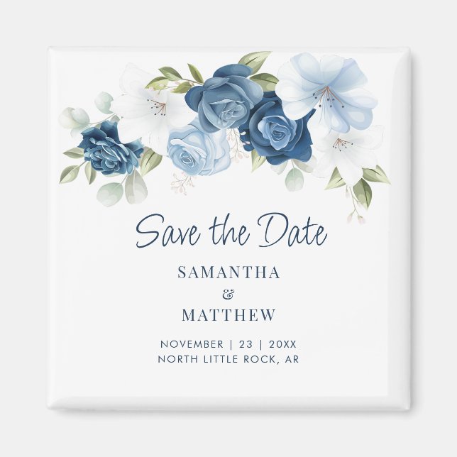 Floral Dusty Blue Elegant Save the Date Keepsake Magnet (Front)