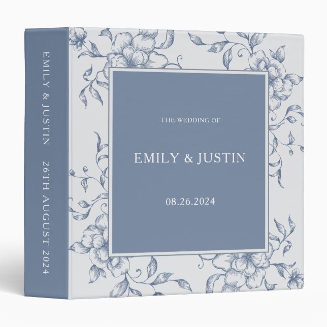 Floral Dusty Blue Elegant Wedding Albums 3 Ring Binder (Front/Spine)