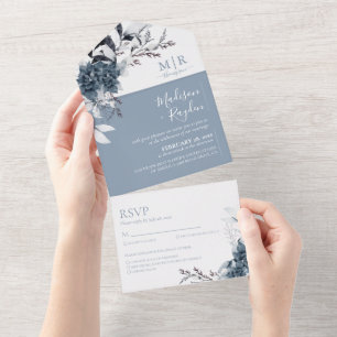 Floral Dusty Blue Elegant Wedding All In One Invitation