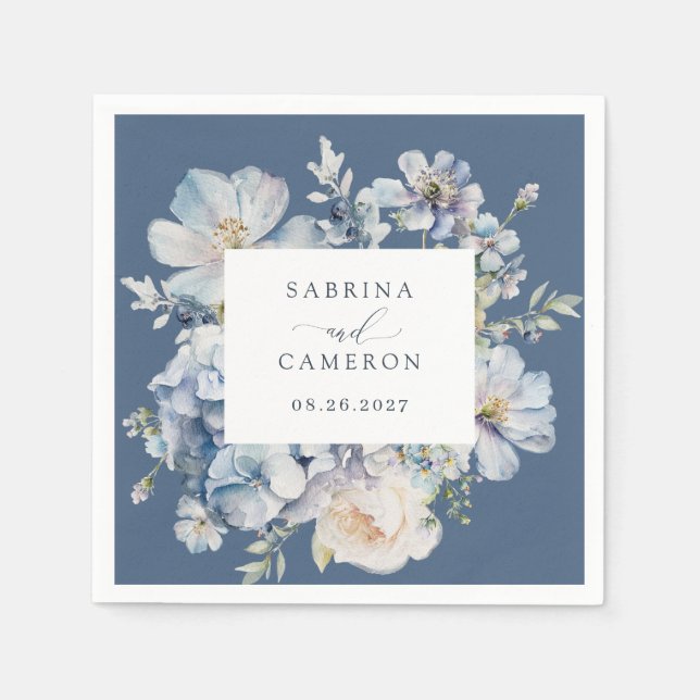 Floral Dusty Blue Elegant Wedding Napkins (Front)