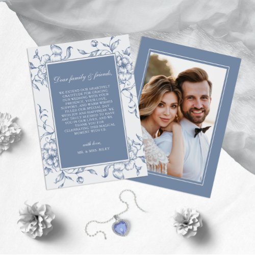 Floral Dusty Blue Elegant Wedding Photo Thank You Card