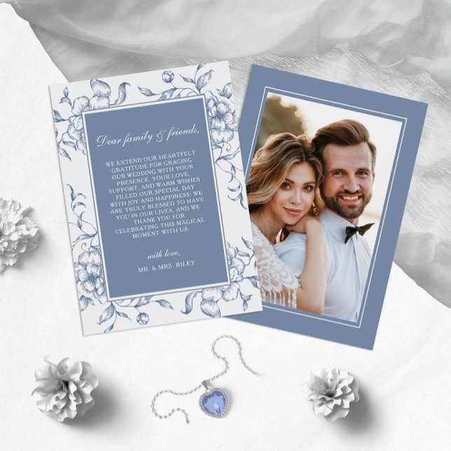 Floral Dusty Blue Elegant Wedding Photo Thank You Card (Creator Uploaded)