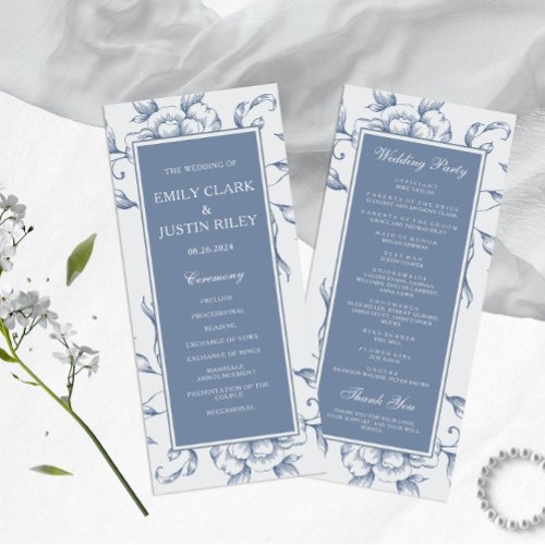 Floral Dusty Blue Elegant Wedding Program