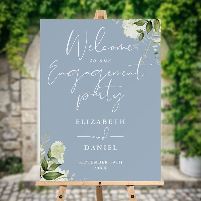 Floral Dusty Blue Engagement Party Welcome Sign (Floral Dusty Blue Engagement Party Welcome Sign)