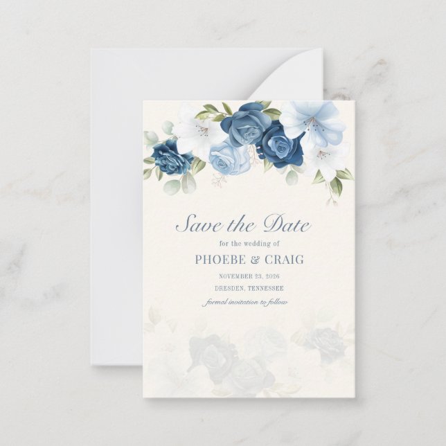 Floral Dusty Blue Eucalyptus Leaves Save the Date Note Card (Front)