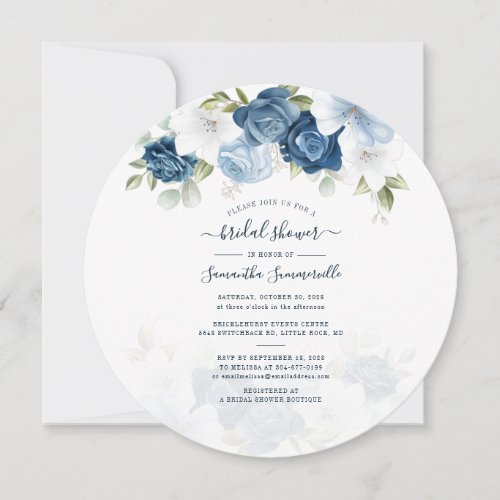 Floral Dusty Blue Flowers Watercolor Bridal Shower Invitation