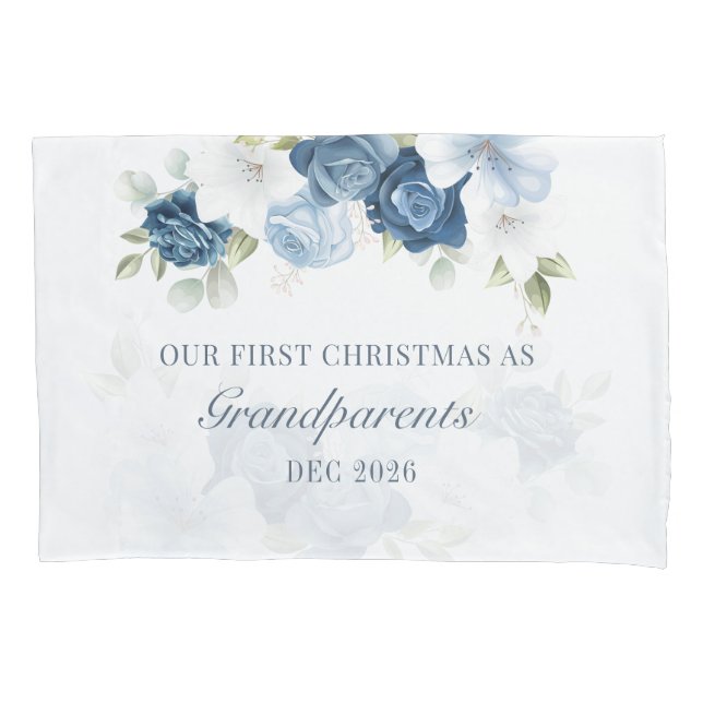 Floral Dusty Blue Grandparents 1st Christmas Pillow Case (Front-Left)