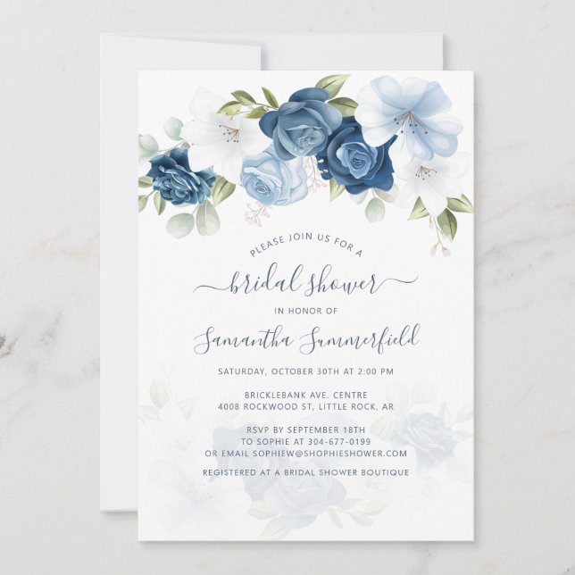 Floral Dusty Blue Greenery Foliage Bridal Shower Invitation (Front)