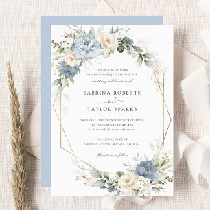 Floral Dusty Blue Greenery Gold Wedding Invitation