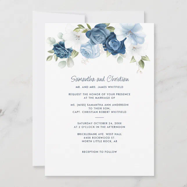 Floral Dusty Blue Greenery Typography Wedding Invitation | Zazzle