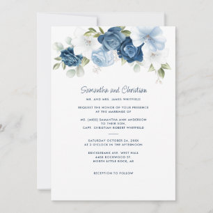 Floral Dusty Blue Greenery Typography Wedding Invitation
