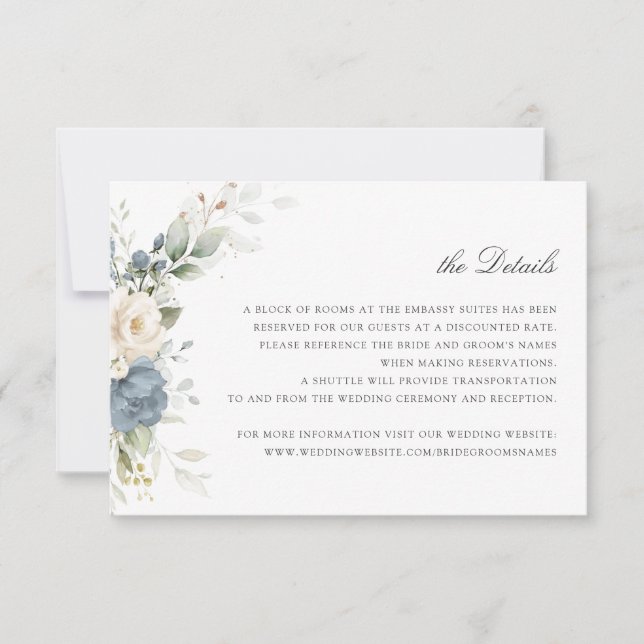 Floral Dusty Blue Greenery Wedding Details Insert Invitation (Front)