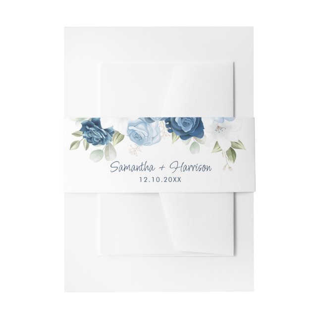 Floral Dusty Blue Greenery Wedding Invitation Belly Band (Front Example)