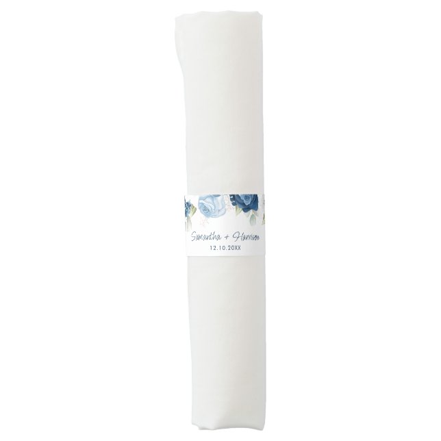 Floral Dusty Blue Greenery Wedding Reception Napkin Bands (Front)