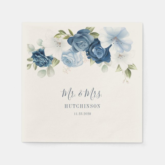Floral Dusty Blue Greenery Wedding Reception Napkins (Front)