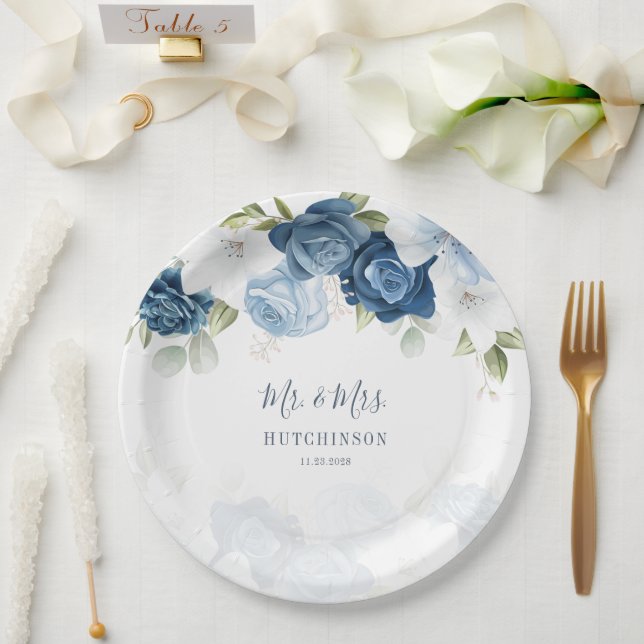 Floral Dusty Blue Greenery Wedding Reception Paper Plates (Wedding)