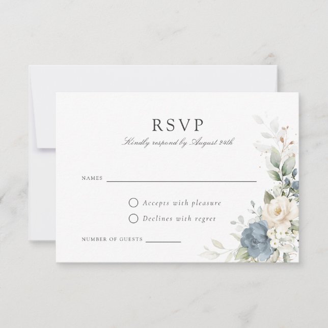 Floral Dusty Blue Greenery Wedding RSVP Card (Front)