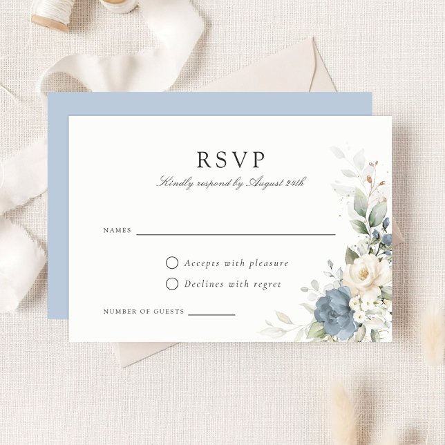 Floral Dusty Blue Greenery Wedding RSVP Card (Creator Uploaded)