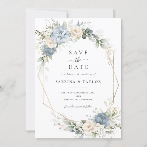 Floral Dusty Blue Greenery Wedding Save The Date Invitation
