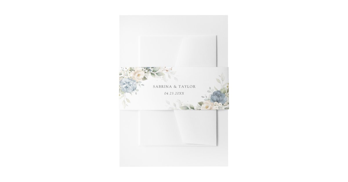 Floral Dusty Blue Greenery White Elegant Wedding Invitation Belly Band ...