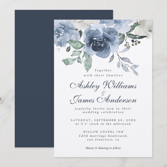 Floral Dusty Blue Ivory Rose Dark Blue Wedding Invitation (Front/Back)