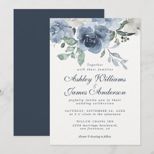 Floral Dusty Blue Ivory Rose Dark Blue Wedding Invitation