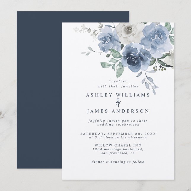 Floral Dusty Blue Ivory Rose Dark Blue Wedding Invitation (Front/Back)