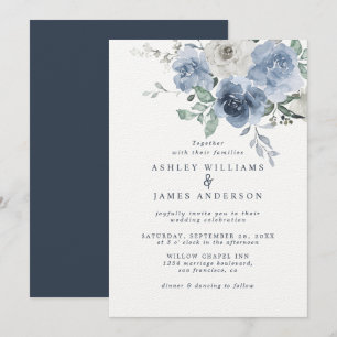 Floral Dusty Blue Ivory Rose Dark Blue Wedding Invitation