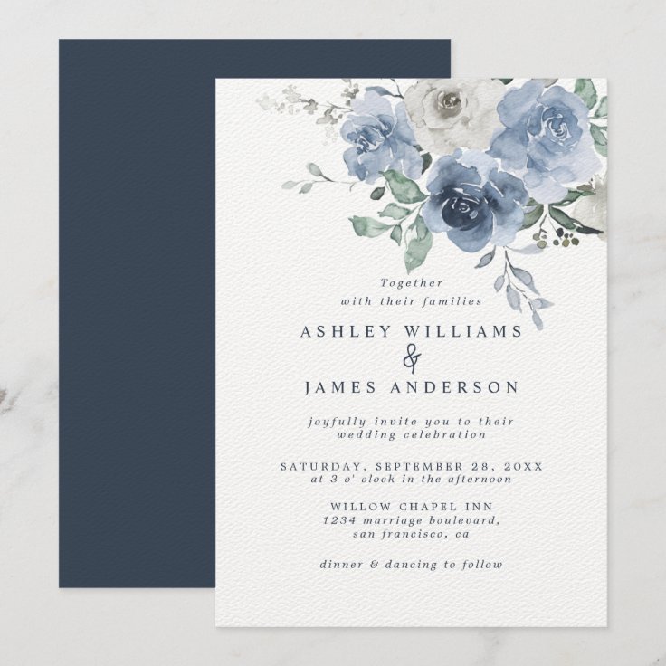 Floral Dusty Blue Ivory Rose Dark Blue Wedding Invitation | Zazzle