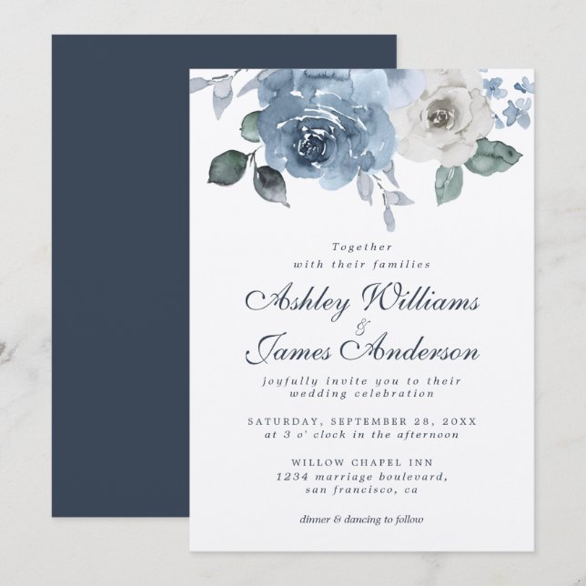 Floral Dusty Blue Ivory Rose Dark Blue Wedding Invitation (Front/Back)