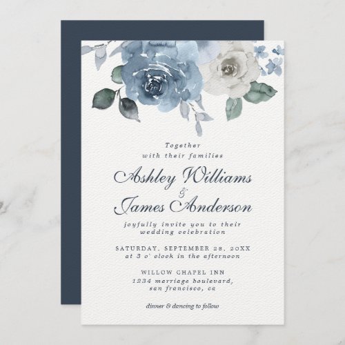 Floral Dusty Blue Ivory Rose Dark Blue Wedding Invitation
