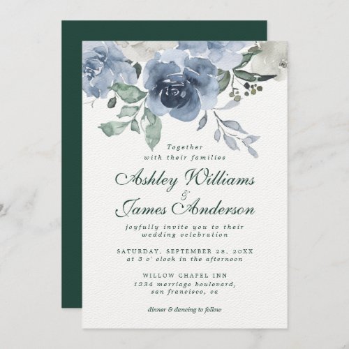 Floral Dusty Blue Ivory Rose Dark Green Wedding Invitation