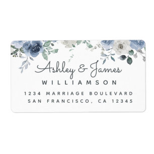 Floral Dusty Blue Ivory Rose Script Return Address Label