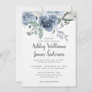 Floral Dusty Blue Ivory Rose Vintage Blue Wedding Invitation
