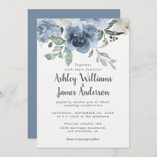 Floral Dusty Blue Ivory Rose Vintage Blue Wedding Invitation