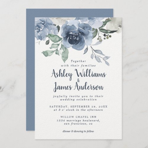 Floral Dusty Blue Ivory Rose Vintage Blue Wedding  Invitation